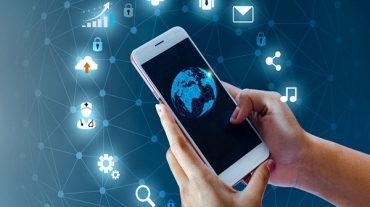 Smart Phones and Globe Connections Uncommon communication world Internet Businesspeople press the phone to communicate in the Internet. Space put message Blue tone