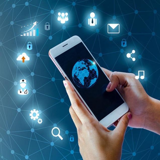 Smart Phones and Globe Connections Uncommon communication world Internet Businesspeople press the phone to communicate in the Internet. Space put message Blue tone